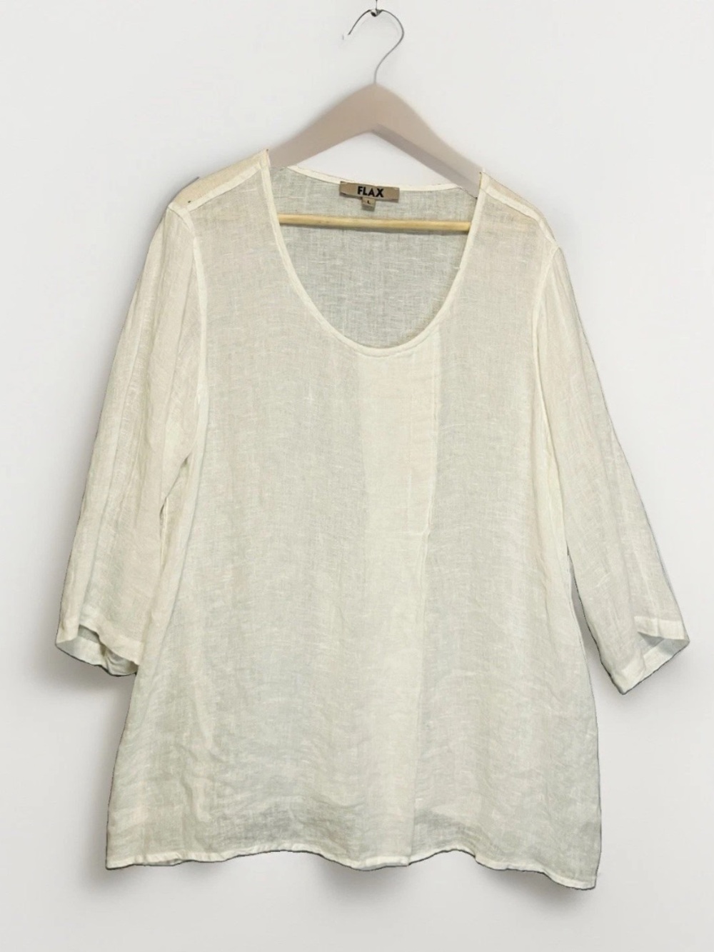 Flax Women’s Linen Tunic Top Sz L 3/4 Sleeve Ivory Semi Sheer Lightweight